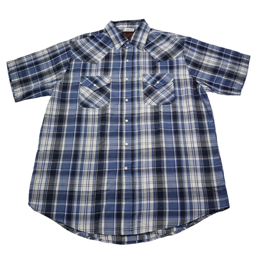 Plains Western Wear Shirt Mens L Blue Plaid Pearl Snap Button Up Cowboy Workwear